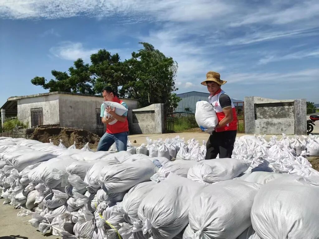 臺風來臨前，漁業村組織村民加固海堤。