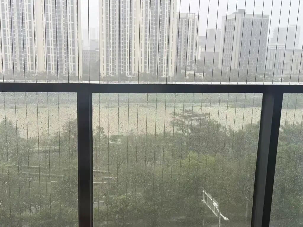 24日下午，張青從陽臺望去，發現附近的樹木沒怎么被吹倒，附近的排洪渠水位也比較平穩。