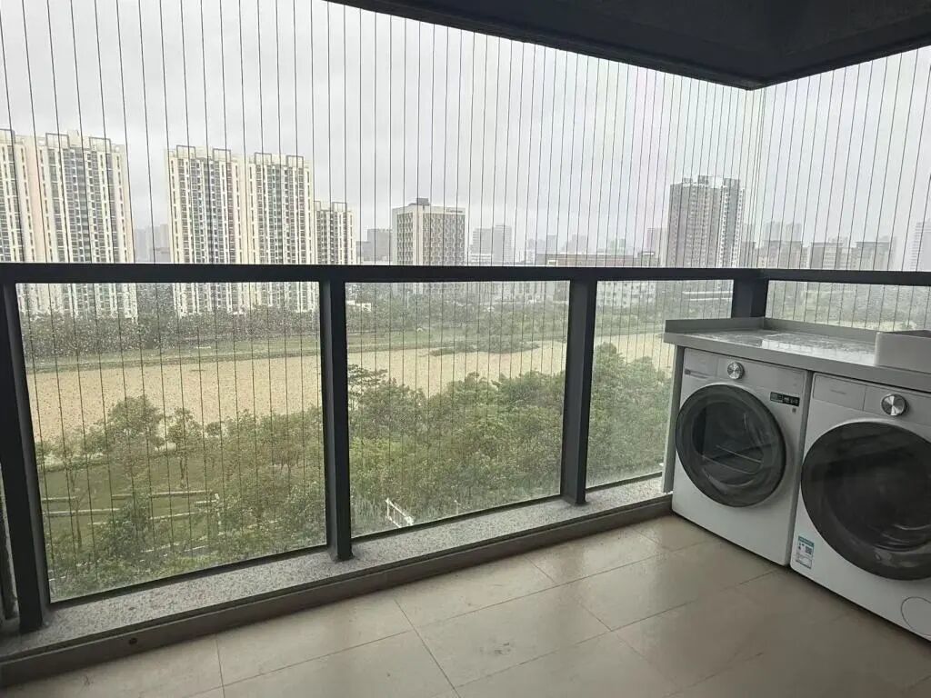 臺風來臨前，張青把陽臺上的綠植搬回了室內，陽臺上只剩下洗衣機。