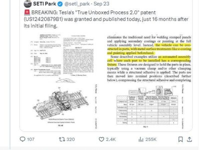 特斯拉“真正開箱式工藝2.0”專利獲批，馬斯克稱生產周期或縮至10秒內
