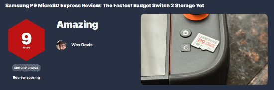 NS2存儲(chǔ)升級(jí)首選！三星新款存儲(chǔ)卡獲IGN 9分好評(píng)